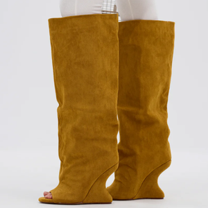 Nuevas botas de Punta abierta de gamuza con tacón de cuña para mujer, botines hasta la rodilla para mujer - Product Image 3