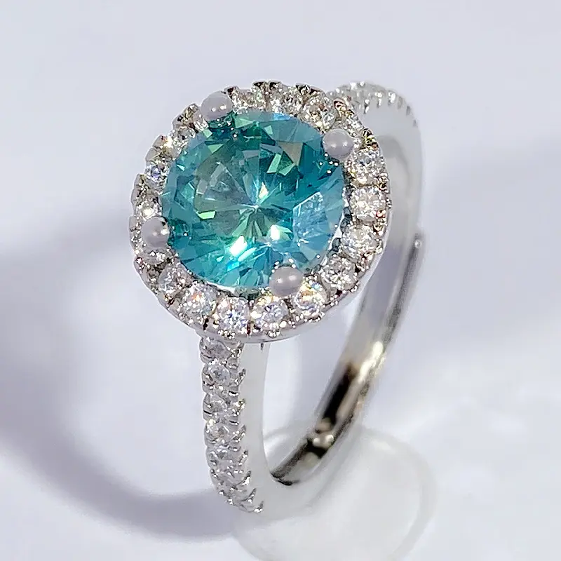 Anello aperto Moissanite anello di fidanzamento con diamante flash con zirconi verdi anello di fidanzamento con regina di fascia alta rotondo con diamanti per le donne