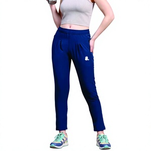 Women's <b>Blue</b> Knitted Ankle-Length Sport Pants With Pockets Quick Dry Elastic Waist Solid Color Regular Fit Spring Wear - Product Image 1