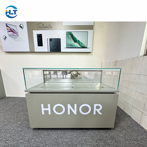 Comptoir d'exposition pour téléphones portables en verre à grain de bois, durable et écologique, avec éclairage LED, personnalisable avec logo, pour magasin numérique et vitrine de vente au détail - Product Image 2