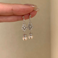 Boucles d'oreilles pendantes S925 en argent sterling plaqué argent avec perles d'eau douce et moissanite taille brillant, style dentelle française, tendance pour femme