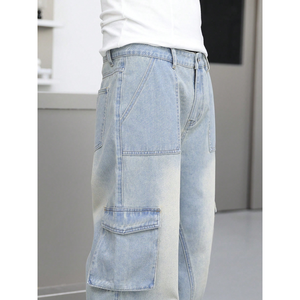 <span class=keywords><strong>Pantaloni</strong></span> Cargo in Denim Ecologico Lavato Azzurro per <span class=keywords><strong>Uomo</strong></span>, Personalizzabili, <span class=keywords><strong>con</strong></span> Grandi Tasche <span class=keywords><strong>Laterali</strong></span>, Stile Casual Invernale da Strada - Product Image 2