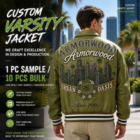 Veste universitaire sur mesure en cuir de vachette pleine fleur olive, broderie lourde, veste d'automne personnalisée pour homme avec appliques de strass