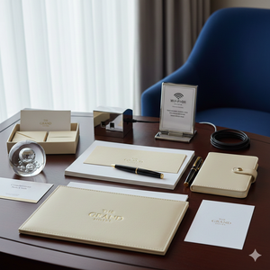 Ensemble de papeterie Grand Hotel : Bloc-notes, stylo, enveloppe, OEM, cuir, utilisation hôtelière aux États-Unis - Product Image 1