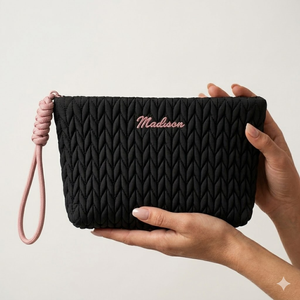 Black Quilted Puffy <b>Makeup</b> Bag Pink Wristlet Cosmetic Pouch Classic Travel Toiletry Organizer <b>Case</b> For Elegant Women - Product Image 1