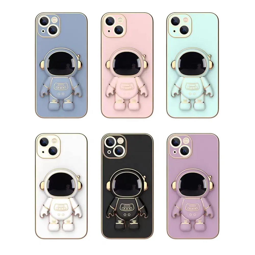 3d Astronaut stand holder phone case for iphone 14 13 12 11 pro max lens protective bracket soft plating cover phone holder