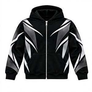 Sudadera Negra con Capucha y Cierre de Cremallera con Estampado Geométrico, Corte Regular, Ropa Deportiva para Hombre, Otoño - Product Image 1