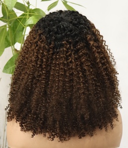 Pelucas de <span class=keywords><strong>Cabello</strong></span> Humano Afro Rizado con Reflejos Marrones y Flequillo, Listas para Usar, Sin Pegamento, Peluca Corta Rizada, Hecha a Máquina - Product Image 3
