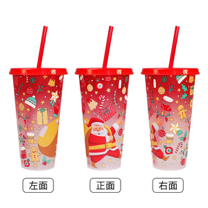 Ensemble de tasses à changement de couleur de Noël, grande capacité, motif Père Noël, gobelet réutilisable avec paille, cadeau, vaisselle de fête - Product Image 3