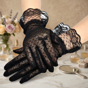 Gants en nylon à nœud en dentelle et résille pour femme, noirs et blancs, style vintage, avec volants au poignet, élégants, pour mariée, toutes saisons - Product Image 3