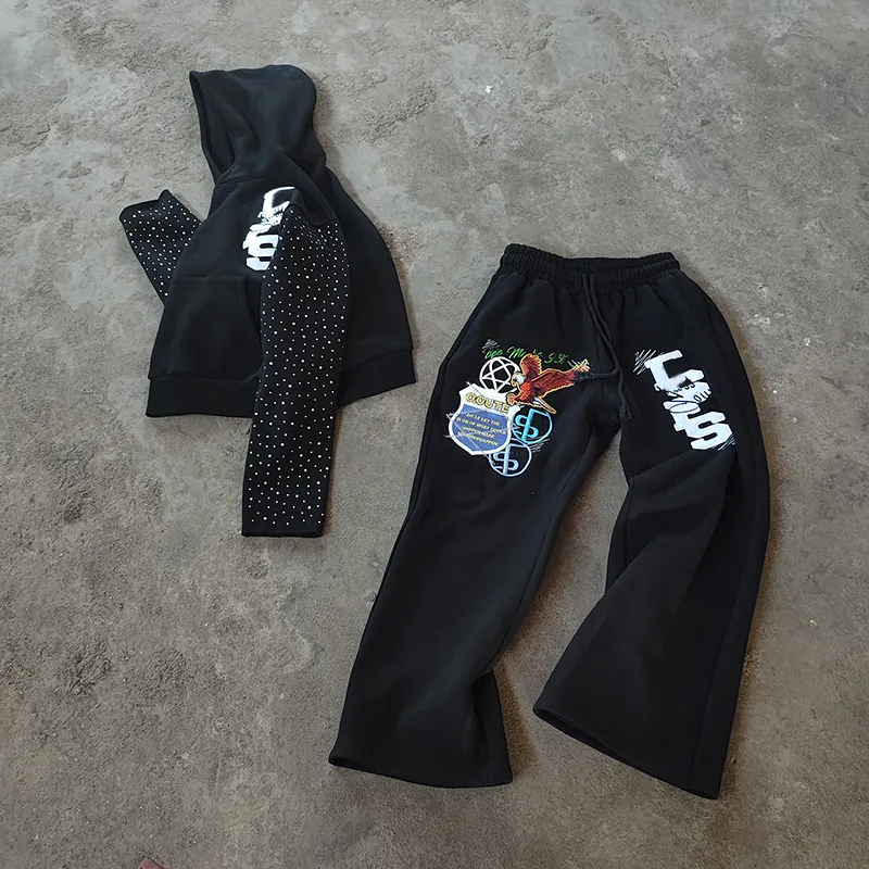 YSJY Unisex eşofman spor ekran baskı elmas Rhinestones eşofman takımlar yığılmış Sweatpants ve Hoodies erkekler için setleri