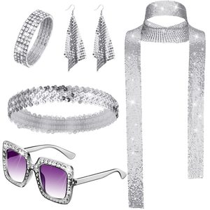 Disco Accessories Women's <b>Sequin</b> Scarf Earrings Bracelet Sunglasses Crystal Rhinestone Party Costume Jewelry Set - Product Image 2
