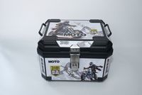 Boîte de rangement rigide en PP de 45 L avec loquet métallique et graphisme de route de moto