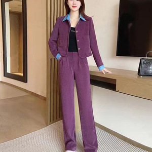 Women's Corduroy Suit Set Long Sleeve Top Wide Leg Pants Purple Casual Anti-Wrinkle Two Piece Outfit JN8221 - Product Image 5