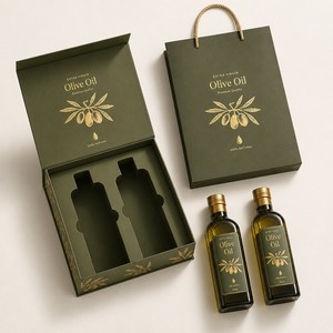 Boîte cadeau personnalisée pour huile d'olive, double bouteille, boîte rigide <span class=keywords><strong>vert</strong></span> olive avec branche d'olivier dorée en feuille d'aluminium, emballage haut de gamme pour huile d'olive - Product Image 4