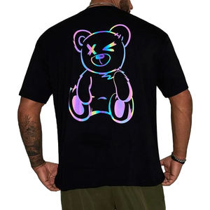 T-Shirt a manica corta incandescente per la <span class=keywords><strong>notte</strong></span> con Logo personalizzato all'ingrosso, girocollo nero con stampa riflettente oversize per gli uomini - Product Image 1