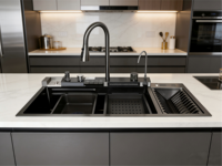 Nouvel Arrivage Évier de Cuisine Intelligent Moderne Multi-Fonctionnel en Acier Inoxydable Noir Nano, Finition Goutte d'Eau, Fait Main, pour Plan de Travail