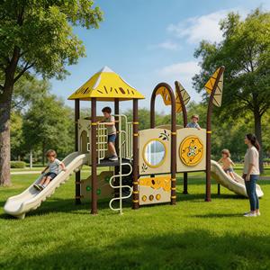 Aire <span class=keywords><strong>de</strong></span> <span class=keywords><strong>jeux</strong></span> extérieure pour enfants, style <span class=keywords><strong>cabane</strong></span> tropicale, <span class=keywords><strong>avec</strong></span> toboggan combiné en panneaux PE à double piste, pour parcs et maternelles - Product Image 3