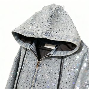 Herstellerdesigner Punk Baumwolle Übergroßer Reißverschluss-Hoodie mit Diamant-Strasssteinen Streetwear Vintage Herren Jeans-Denim-Jacke - Product Image 2