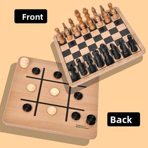 <span class=keywords><strong>Jeu</strong></span> <span class=keywords><strong>d</strong></span>'échecs en bois gravé double face <span class=keywords><strong>trois</strong></span>-en-un, jouet éducatif Montessori pour enfants pour jeux de société - Product Image 1
