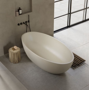 Modern Oval Freestanding Concrete Bathtub Handcrafted Stone Texture Cement Tub High End Hospitality Bathroom Furniture - Product Image 1