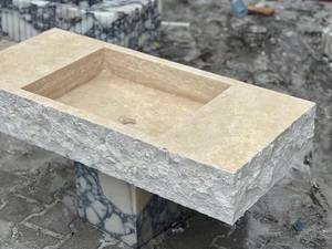 Luxury <b>Rustic</b> Travertine Floating <b>Vanity</b> Sink | Handcrafted Natural Stone Integrated Wall Mounted <b>Bathroom</b> Wash Basin - Product Image 4