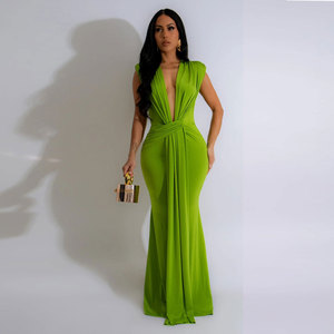 2024 nuevo verano Sexy vestido de cuello en V profundo Color sólido vestido sin mangas moda cintura alta vestido largo para mujeres - Product Image 4