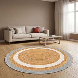 Tapis rond en jute gris et blanc fait main, tressé, style farmhouse bohème, en fibres naturelles, pour salon - Product Image 1