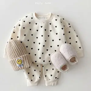 2024 Infant Baby Lovely Girls Two-piece Clothes Casual Set Girls Pure Cotton Heart Print Long Sleeve Tracksuit Tops+Pants Pink