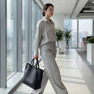Ensemble deux pièces décontracté pour femme en cuivre uni, col en V, ample, fluide, respirant et à séchage rapide, composé d'un chemisier et d'un pantalon large - Product Image 2