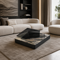 Table basse contemporaine en marbre brun Venise et verre noir avec plateau rotatif, table centrale pour salon