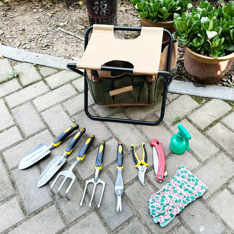 6pcs Sets Folding Garden Tools Set With Hand Tools /carry Bag And Folding Chair Include Shovel Fork Rake Weeder Pickaxe