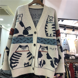 Women's Spring and Autumn Single Breasted Cartoon <strong>Cat</strong> Print Sweater Coat Loose Lazy Knit <strong>Cardigan</strong> Over Sweater - Product Image 1