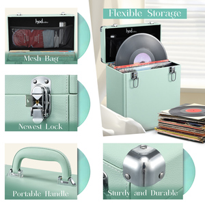 Mallette de rangement en cuir <span class=keywords><strong>pour</strong></span> disques vinyles Boîte de présentation en aluminium Mallette de transport <span class=keywords><strong>Valise</strong></span> de rangement portable avec sac en filet - Product Image 5