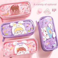 Trousse à crayons pour fille à trois couches de grande capacité Sac de papeterie transparent en coeur Nouveau cuir de grande valeur pour l'école primaire