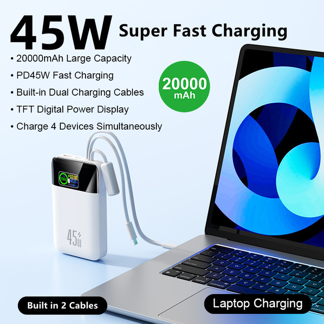 20000mAh PD45W Fast Charging Power Bank Built in Dual Cables Portable Phone Charger with Lanyard TFT Power Display PD45-20000