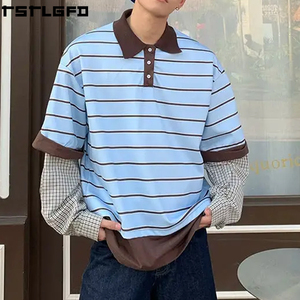 Polo rayé effet superposé OEM/ODM pour hommes, bleu clair et marron à carreaux – Fabricants de polos pour hommes en gros - Product Image 1