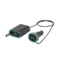 Chargeur de voiture rapide multi-appareils 5 ports PD65W 12-24V avec câble Type-C rétractable 1,5 m, affichage numérique, alliage d'aluminium, fixation par clip