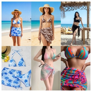 Hight Quality Women Floral Print Bikini 3 Piece Set Crossed Halter <b>Bandeau</b> Top Asymmetric Skirt Bottom Stretch Swimwear - Product Image 5
