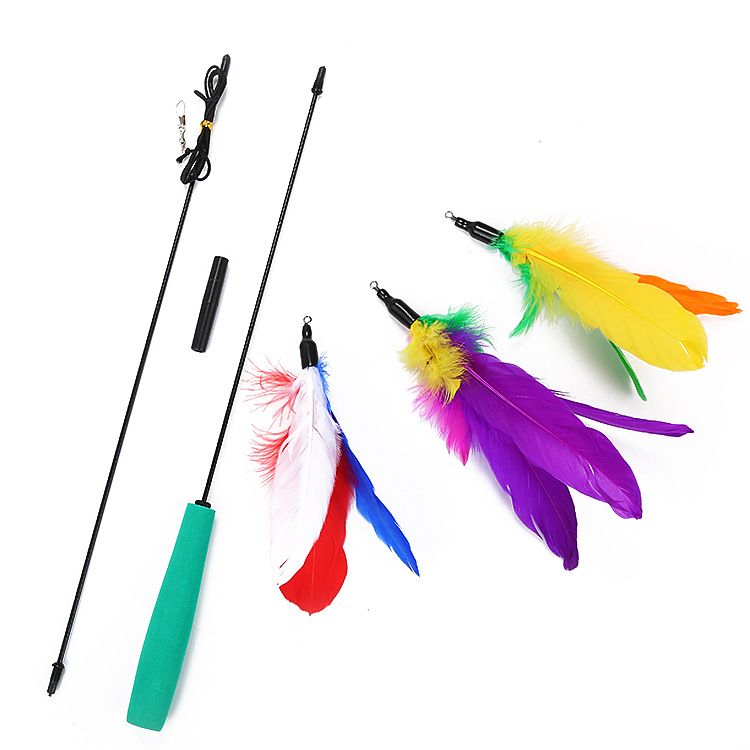 Выдвижной игрушечный тизер для кошек с 3 альтернативными кожаными цветными перьями, игрушки для кошек