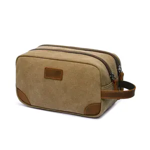 2024 lienzo encerado personalizado vintage retro portátil hombres viaje de negocios táctico genuino pu cuero maquillaje neceser baño bolsa