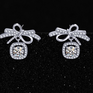 Fashion Rhodium Geometric White Copper <b>Silver</b> Bow Knot <b>Studs</b> Jewelry Square Bezel <b>Set</b> Cut Cubic Zirconia Drop <b>Earrings</b> Gift - Product Image 3