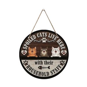 Plaque de porte en bois avec logo de chat amusant, slogan créatif rond, panneau de bienvenue pour animaux de compagnie, décoration murale suspendue - Product Image 1