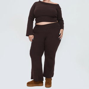 <span class=keywords><strong>Pantaloni</strong></span> <span class=keywords><strong>a</strong></span> Zampa in Maglia <span class=keywords><strong>a</strong></span> <span class=keywords><strong>Coste</strong></span> Marrone Taglie Forti da Donna, <span class=keywords><strong>Pantaloni</strong></span> Casual <span class=keywords><strong>a</strong></span> Vita Alta, Set Coordinato, Abbigliamento Caldo per Autunno e Inverno - Product Image 2