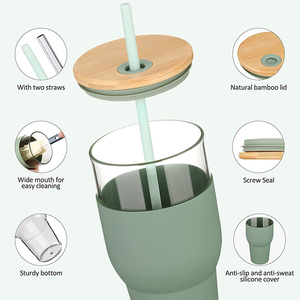 Gran oferta, vaso de vidrio de 32oz con pajita para jugo, botella de agua de vidrio ecológica con funda de silicona, tapa de Bambú - Product Image 4
