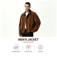 Veste en polyester pour homme, marron, coupe ample, col contrastant, fermeture éclair sur le devant, détail boutonnière, poches plaquées, manches larges, style streetwear décontracté