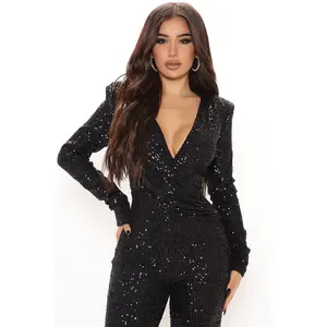 Chất Lượng Cao Sexy Sâu V Cổ Áo Liền Quần Cho Phụ Nữ Sequin Jumpsuit Của Phụ Nữ Chất Liệu Dày