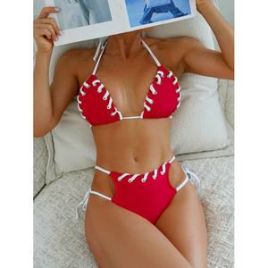 Nuovo Costume da Bagno Monocolore con Fascia, Costume da Bagno Senza Schienale, Bikini Rosso con Perizoma - Product Image 3
