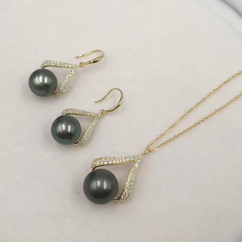 high quality top fashion nature tahiti sea salt pearl jewelry set with 925 silver in 18ct gold color.nature black pearl color