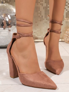 Escarpins à talon carré et bout pointu en daim pour femme, avec lacets à la cheville, pour soirée et cérémonie - Product Image 5